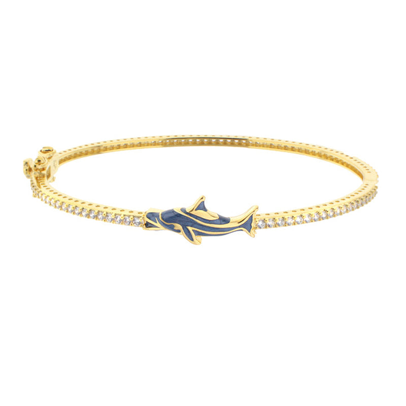 Elegant Eau Dolphin Bangle with 18k Gold Plating and Hand-Painted Enamel Accents